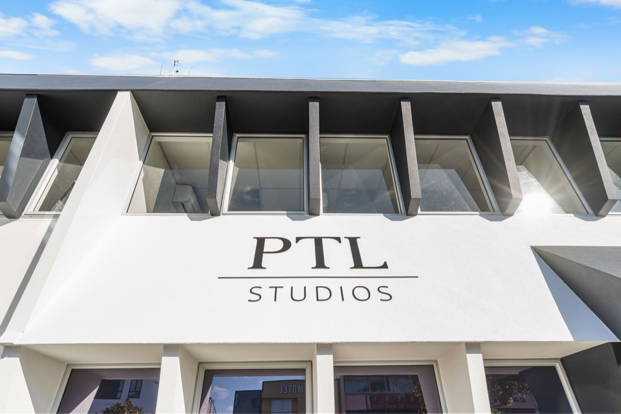 The PTL Studios sign above the entrance
